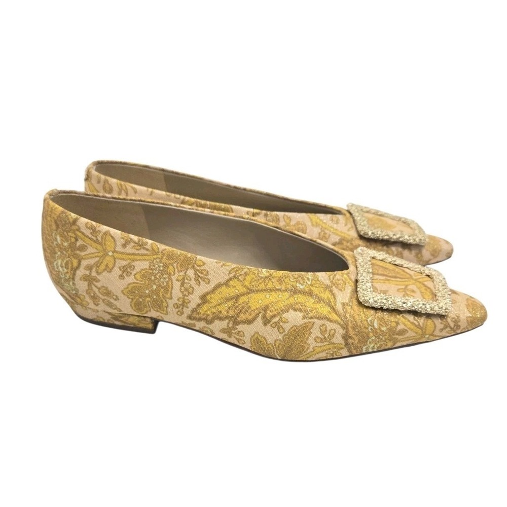 Sam Edelman Janina Flats Size 9.5 Turmeric Gold Floral Brocade Buckle Ballet - Picture 2 of 13